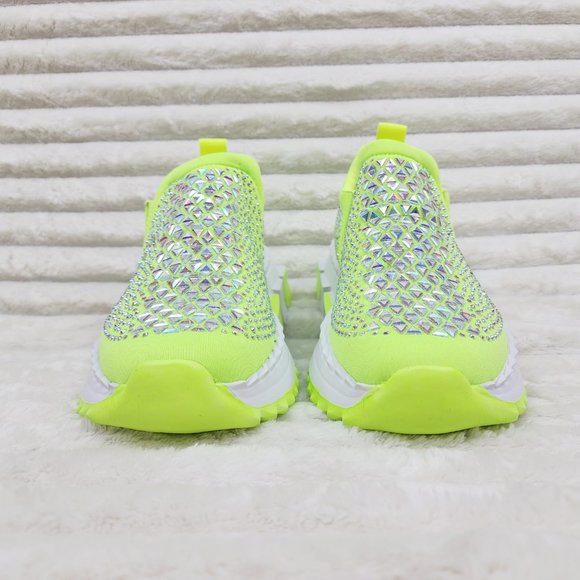 Presto Light Weight Slip on Neon Yellow Rhinestone Sneakers - Running Shoes J - Picture 6 of 14